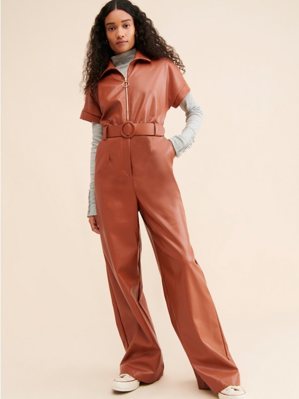 Hutch Marty Faux Leather Wide-Leg Jumpsuit Brown Size 8